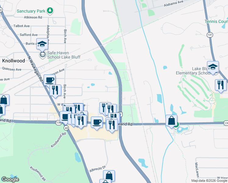 map of restaurants, bars, coffee shops, grocery stores, and more near 501 Basil Road in Lake Bluff