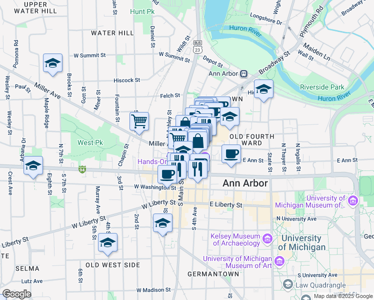 map of restaurants, bars, coffee shops, grocery stores, and more near 220 North Main Street in Ann Arbor