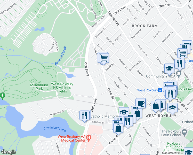 map of restaurants, bars, coffee shops, grocery stores, and more near 20 Durant Street in Boston