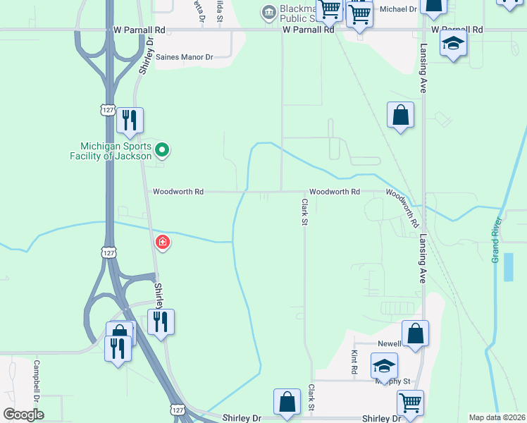 map of restaurants, bars, coffee shops, grocery stores, and more near 855 Woodworth Road in Jackson