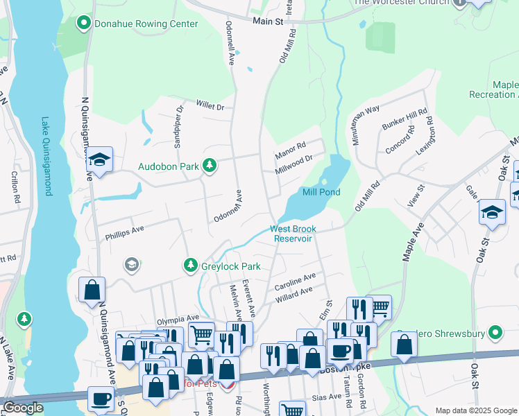 map of restaurants, bars, coffee shops, grocery stores, and more near 120 Old Mill Road in Shrewsbury