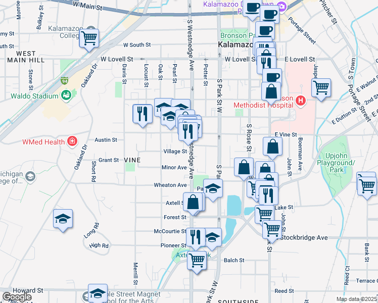 map of restaurants, bars, coffee shops, grocery stores, and more near 532 Village Street in Kalamazoo