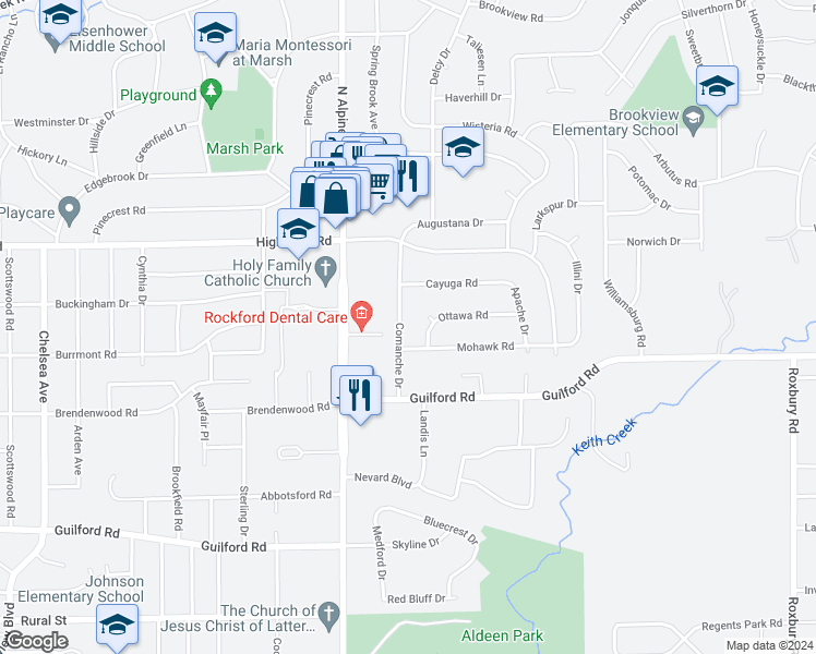 map of restaurants, bars, coffee shops, grocery stores, and more near 1403 Comanche Drive in Rockford