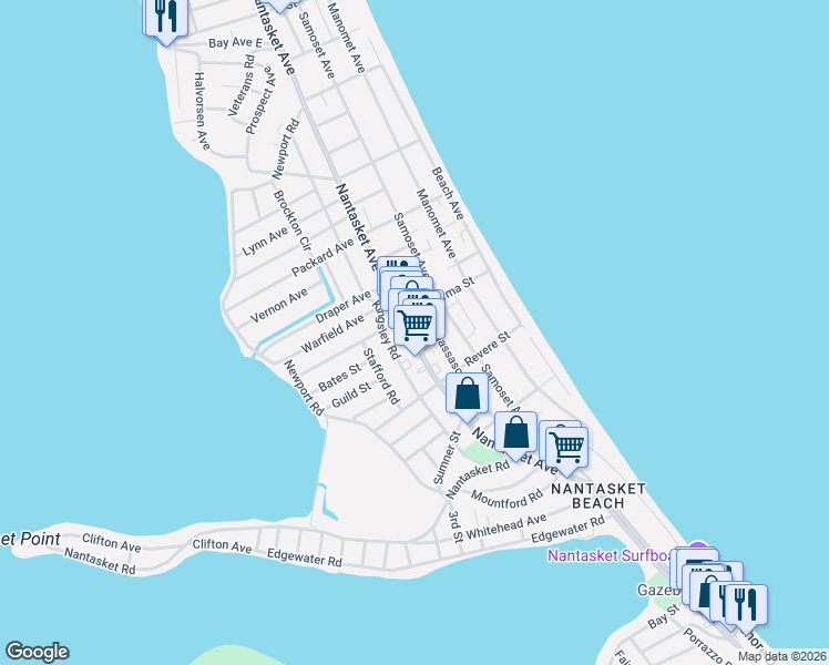 map of restaurants, bars, coffee shops, grocery stores, and more near 538 Nantasket Avenue in Hull