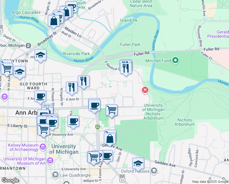 map of restaurants, bars, coffee shops, grocery stores, and more near 1500 East Medical Center Drive in Ann Arbor