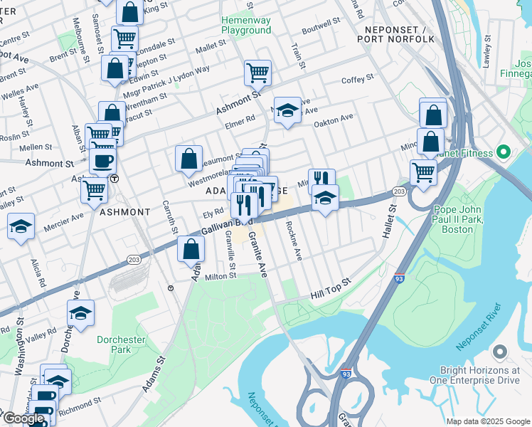 map of restaurants, bars, coffee shops, grocery stores, and more near 182-206 Minot Street in Boston
