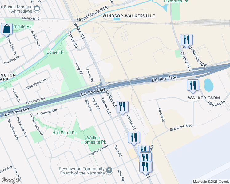 map of restaurants, bars, coffee shops, grocery stores, and more near 641 South Service Road in Windsor