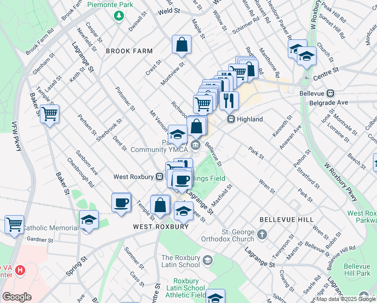 map of restaurants, bars, coffee shops, grocery stores, and more near 27 Mount Vernon Street in Boston