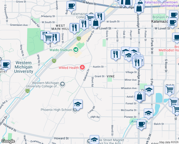 map of restaurants, bars, coffee shops, grocery stores, and more near 1000 Oakland Drive in Kalamazoo