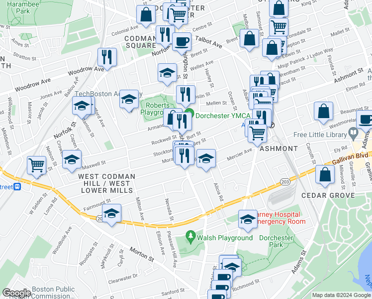 map of restaurants, bars, coffee shops, grocery stores, and more near 824 Washington Street in Boston