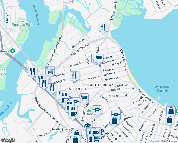 map of restaurants, bars, coffee shops, grocery stores, and more near 209 Atlantic Street in Quincy