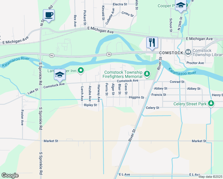 map of restaurants, bars, coffee shops, grocery stores, and more near 602 Alger Street in Kalamazoo