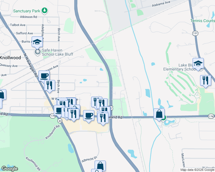 map of restaurants, bars, coffee shops, grocery stores, and more near 501 Basil Road in Lake Bluff