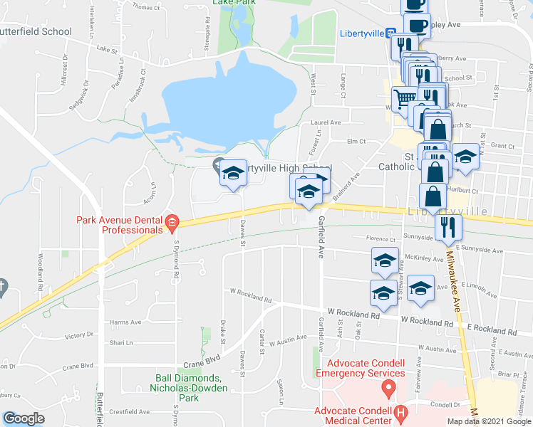 map of restaurants, bars, coffee shops, grocery stores, and more near 617 West Park Avenue in Libertyville