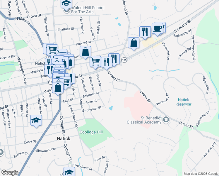 map of restaurants, bars, coffee shops, grocery stores, and more near 1 Westview Avenue in Natick