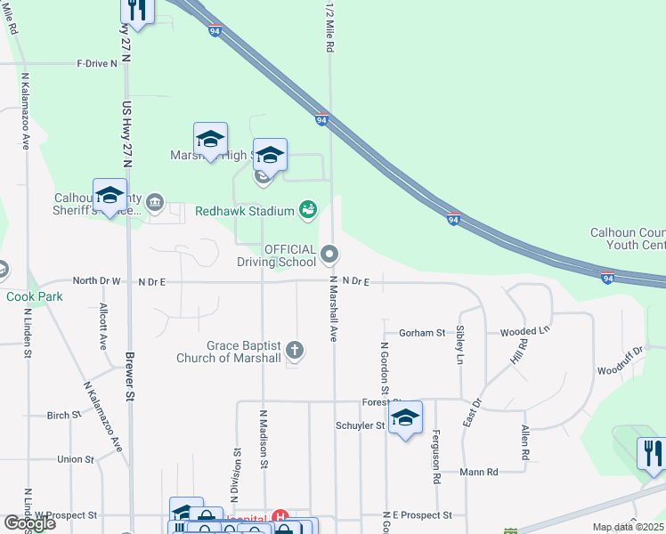 map of restaurants, bars, coffee shops, grocery stores, and more near 705 North Marshall Avenue in Marshall