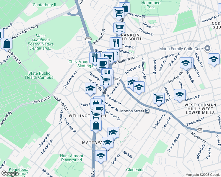 map of restaurants, bars, coffee shops, grocery stores, and more near 9 Landor Road in Boston