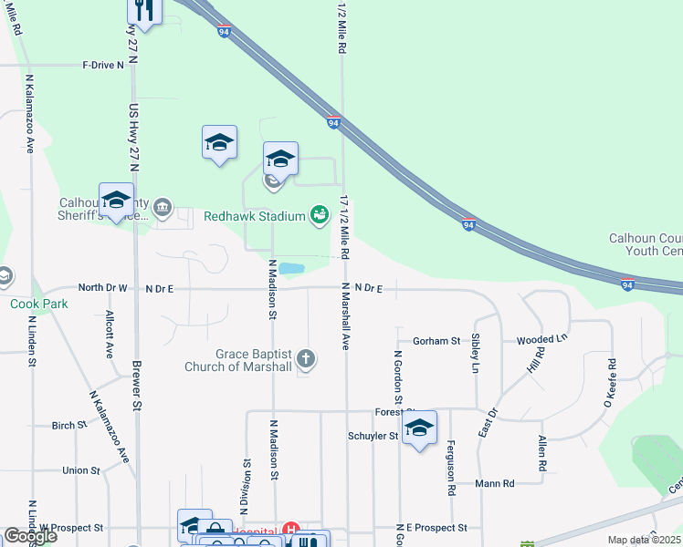 map of restaurants, bars, coffee shops, grocery stores, and more near 701 North Marshall Avenue in Marshall