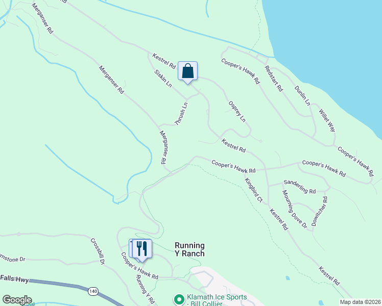map of restaurants, bars, coffee shops, grocery stores, and more near 5850 Cooper's Hawk Road in Klamath Falls