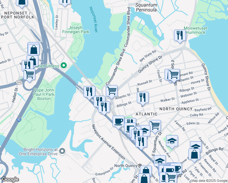 map of restaurants, bars, coffee shops, grocery stores, and more near 93 Quincy Shore Drive in Quincy