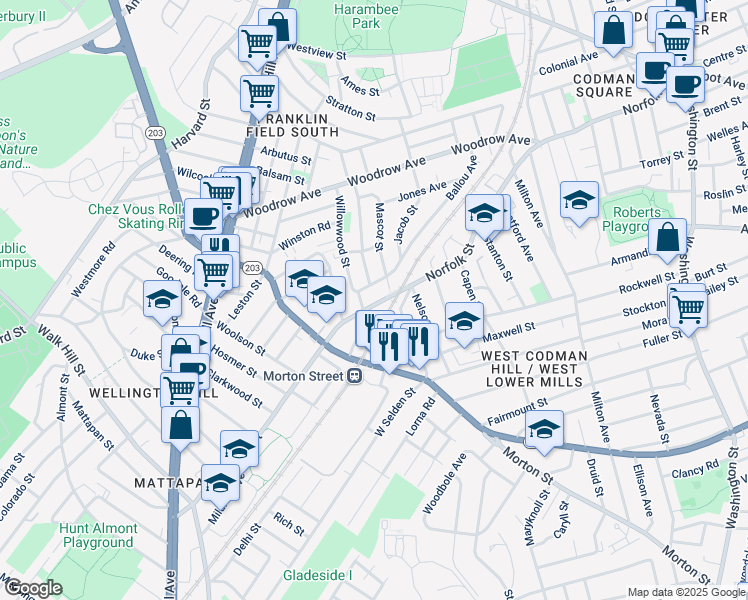 map of restaurants, bars, coffee shops, grocery stores, and more near 84 Mountain Avenue in Boston