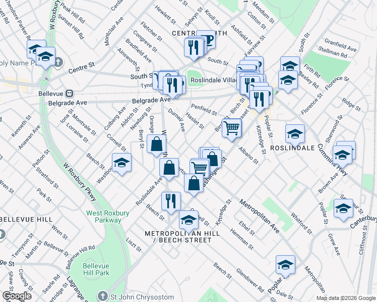 map of restaurants, bars, coffee shops, grocery stores, and more near 7 Havey Street in Boston