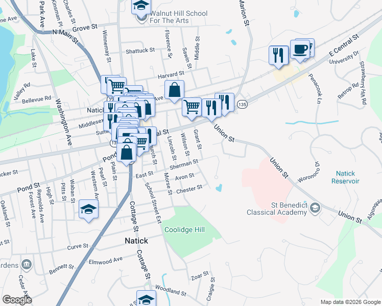 map of restaurants, bars, coffee shops, grocery stores, and more near 14 Grant Street in Natick
