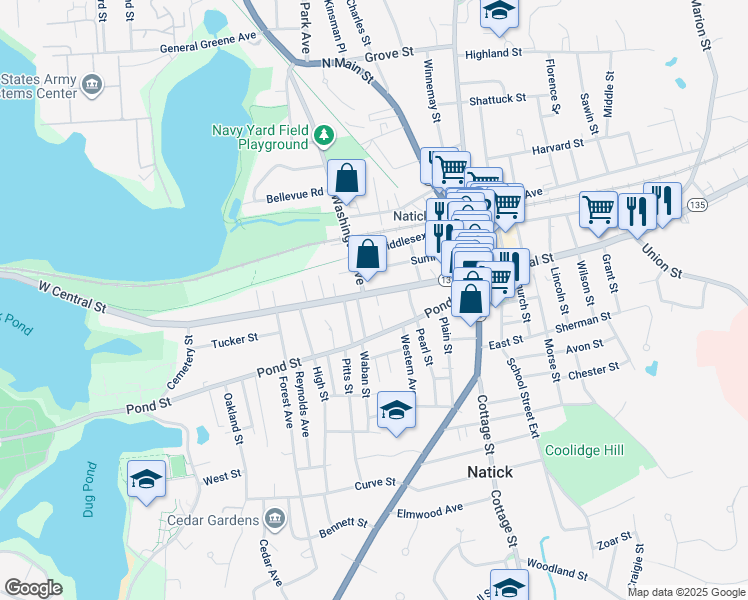 map of restaurants, bars, coffee shops, grocery stores, and more near 45 West Central Street in Natick