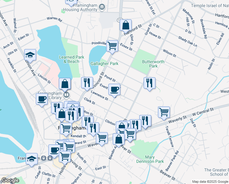map of restaurants, bars, coffee shops, grocery stores, and more near 44 Everit Avenue in Framingham