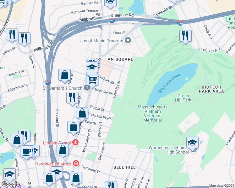 map of restaurants, bars, coffee shops, grocery stores, and more near 38 Uxbridge Street in Worcester