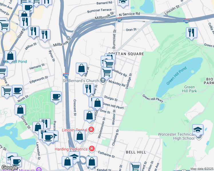 map of restaurants, bars, coffee shops, grocery stores, and more near 3 Mckinley Road in Worcester