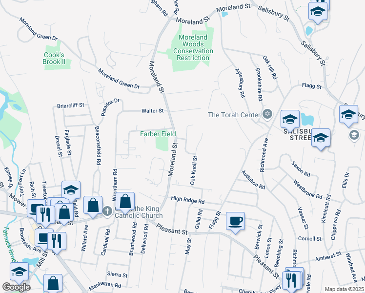 map of restaurants, bars, coffee shops, grocery stores, and more near 3 West Pine Lane in Worcester