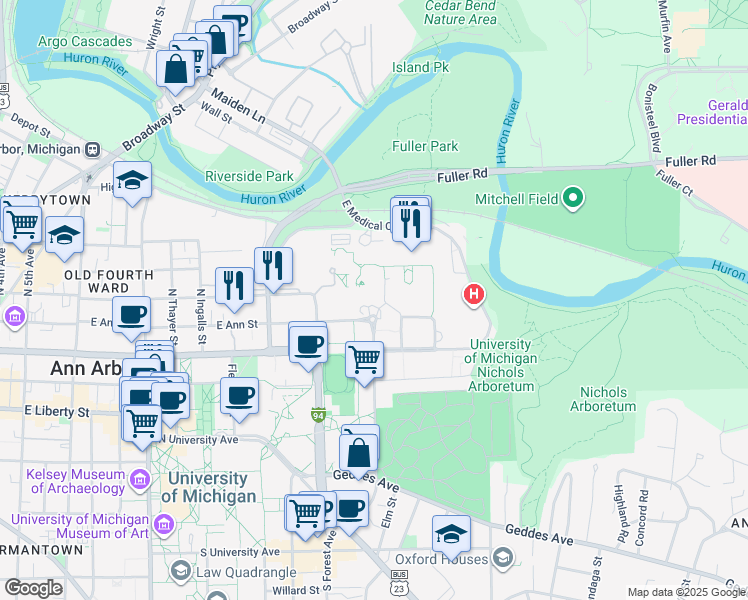 map of restaurants, bars, coffee shops, grocery stores, and more near 1500 East Medical Center Drive in Ann Arbor