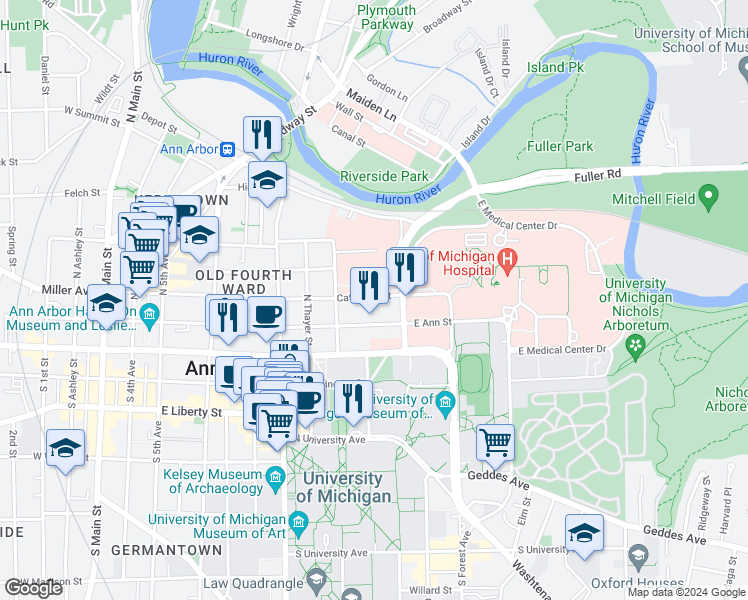 map of restaurants, bars, coffee shops, grocery stores, and more near 300 North Ingalls Street in Ann Arbor