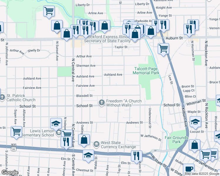 map of restaurants, bars, coffee shops, grocery stores, and more near 703 Leslie Avenue in Rockford