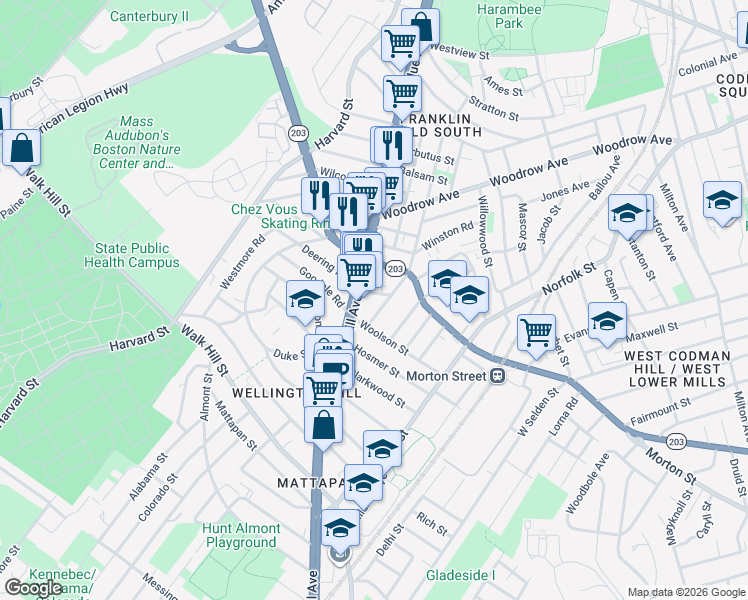 map of restaurants, bars, coffee shops, grocery stores, and more near 6R Landor Road in Boston