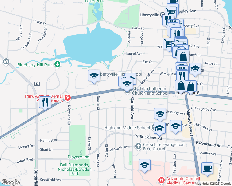 map of restaurants, bars, coffee shops, grocery stores, and more near 553 West Park Avenue in Libertyville