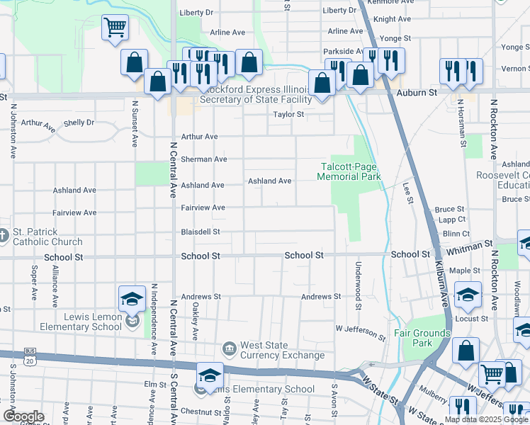 map of restaurants, bars, coffee shops, grocery stores, and more near 1310 Fairview Avenue in Rockford