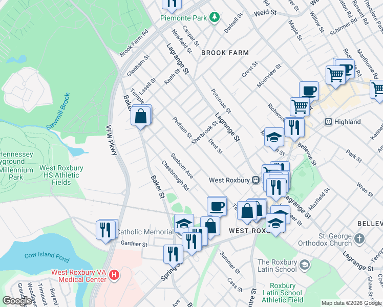 map of restaurants, bars, coffee shops, grocery stores, and more near 199 Temple Street in Boston