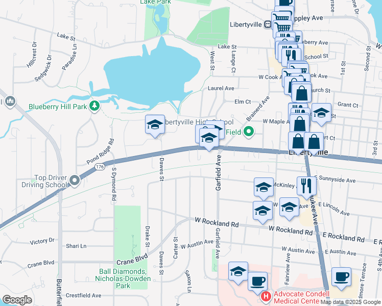 map of restaurants, bars, coffee shops, grocery stores, and more near 546 West Park Avenue in Libertyville
