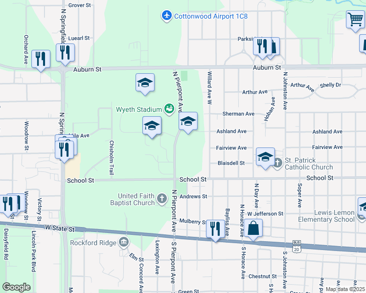 map of restaurants, bars, coffee shops, grocery stores, and more near 525 North Pierpont Avenue in Rockford