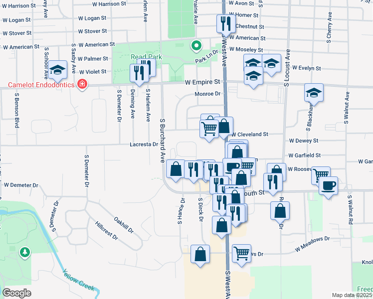 map of restaurants, bars, coffee shops, grocery stores, and more near 1501-1510 Field Circle in Freeport
