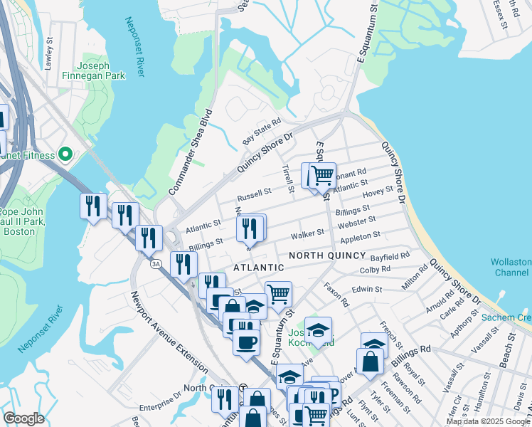 map of restaurants, bars, coffee shops, grocery stores, and more near 167 Atlantic Street in Quincy