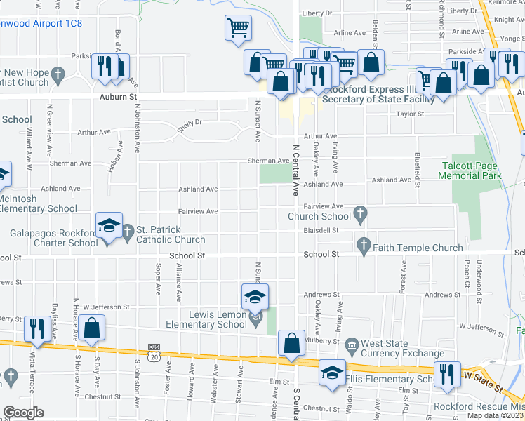 map of restaurants, bars, coffee shops, grocery stores, and more near 627 North Sunset Avenue in Rockford