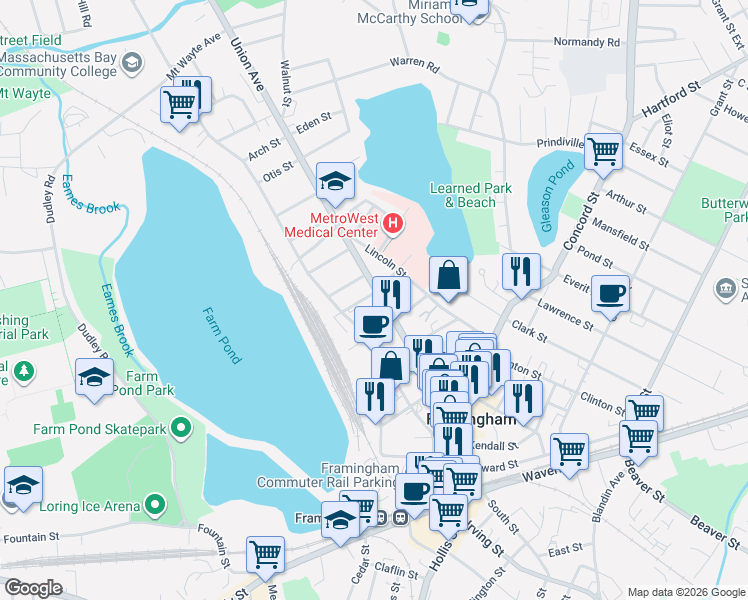 map of restaurants, bars, coffee shops, grocery stores, and more near 25 Brewster Road in Framingham