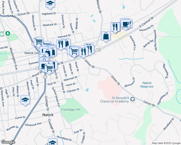 map of restaurants, bars, coffee shops, grocery stores, and more near 21 1/2 Union Street in Natick