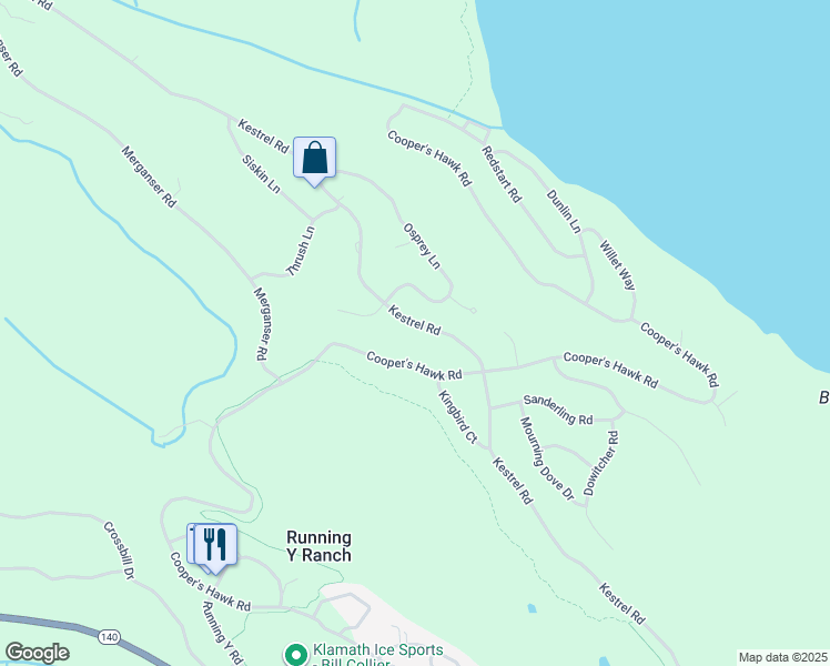map of restaurants, bars, coffee shops, grocery stores, and more near 10542 Kestrel Road in Klamath Falls