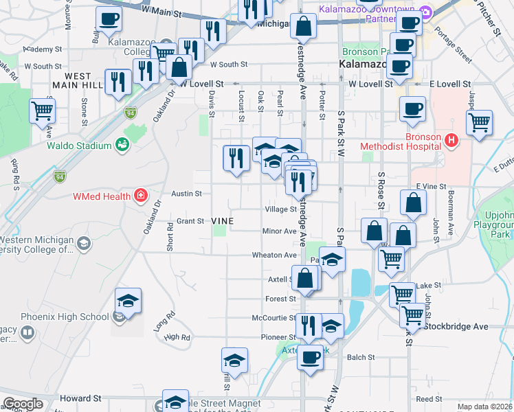 map of restaurants, bars, coffee shops, grocery stores, and more near 817 Locust Place in Kalamazoo