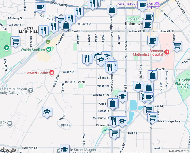 map of restaurants, bars, coffee shops, grocery stores, and more near 832 Oak Street in Kalamazoo