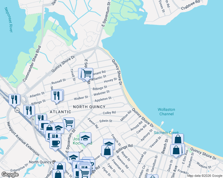 map of restaurants, bars, coffee shops, grocery stores, and more near 272 Billings Street in Quincy